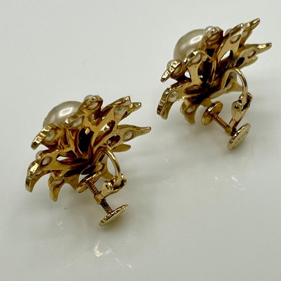 ACCESSOCRAFT NYC Gold Tone Faux Pearl Sun Screw Fast Clip On Earrings Vintage - Picture 6 of 12